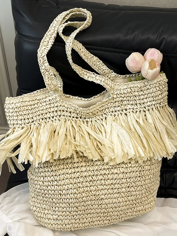 Borsa Tote in Paglia Intrecciata di Grande Capacità per Donna Con Eleganti Nappe Bohémien Estate Spiaggia Vacanza Borsa a Spalla