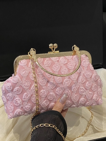Women 3D Rose Floral Fabric Handbag Vintage Metal Kiss Lock Shoulder Bag With Chain Strap Evening Party Wedding Clutch Bag
