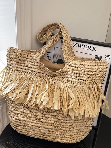 Borsa Tote in Paglia Intrecciata di Grande Capacità per Donna Con Eleganti Nappe Bohémien Estate Spiaggia Vacanza Borsa a Spalla