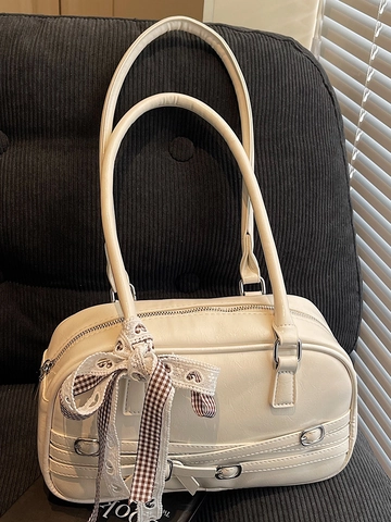 Sac à Épaule Vintage Retro en PU Grande Capacité Sac à Main Bowling Décontracté à la Mode Avec Nœud à Carreaux pour Femme