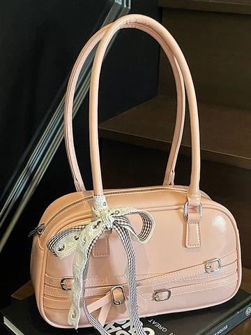 Sac à Épaule Vintage Retro en PU Grande Capacité Sac à Main Bowling Décontracté à la Mode Avec Nœud à Carreaux pour Femme