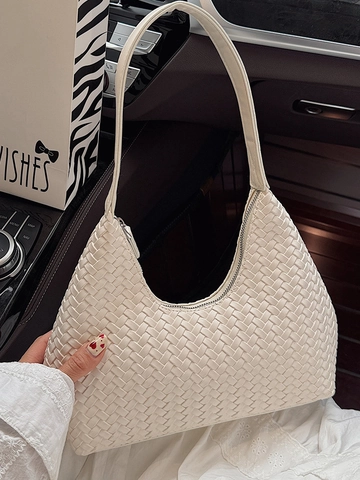 Damen Retro Gewebte PU-Leder Achseltasche Mode Koreanisch Lässige Halbmond Hobo Schultertasche Mit Reißverschluss Für Den Alltag