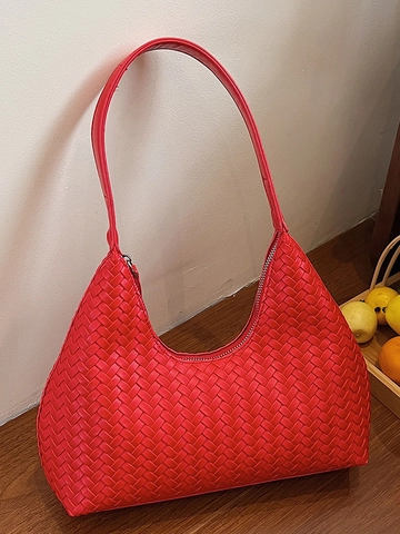 Damen Retro Gewebte PU-Leder Achseltasche Mode Koreanisch Lässige Halbmond Hobo Schultertasche Mit Reißverschluss Für Den Alltag
