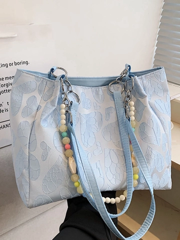 Koreanische Süße Herz Jacquard Tote Tasche Für Damen Sommer Neue Große Kapazität Schultertasche Mit Buntem Perlenanhänger Mode