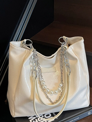 Women Large Capacity PU Leather Tote Bag Crinkled Texture Metal Chain Artificial Pearl Decoration Commuting Shoulder Bag