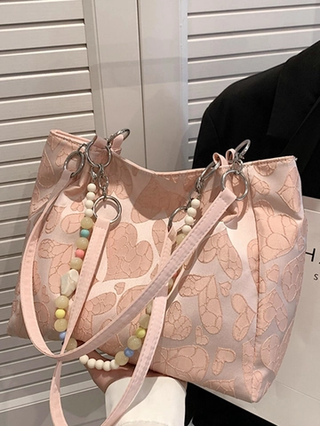 Koreanische Süße Herz Jacquard Tote Tasche Für Damen Sommer Neue Große Kapazität Schultertasche Mit Buntem Perlenanhänger Mode