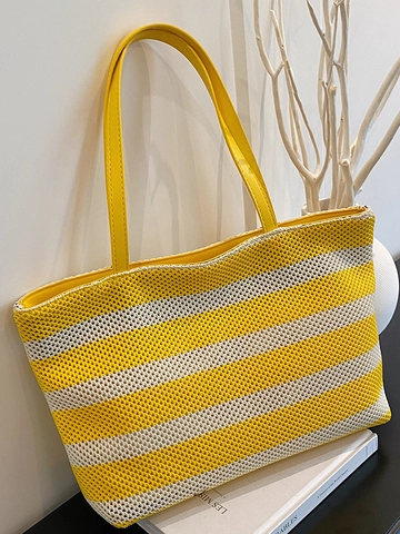 Bolso de Mano de Punto a Rayas de Gran Capacidad para Mujer Verano Ligero Bolso de Hombro Informal Minimalista Urbano Color de Contraste