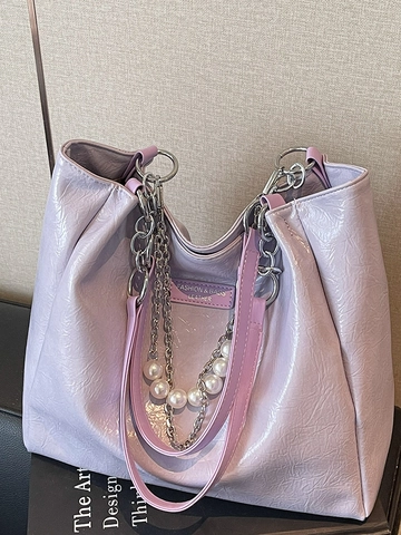 Women Large Capacity PU Leather Tote Bag Crinkled Texture Metal Chain Artificial Pearl Decoration Commuting Shoulder Bag