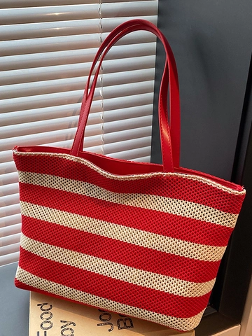 Bolso de Mano de Punto a Rayas de Gran Capacidad para Mujer Verano Ligero Bolso de Hombro Informal Minimalista Urbano Color de Contraste