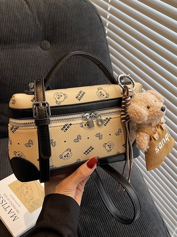 Borsa Boston a Scatola in Pelle PU da Donna Stile Coreano Con Ciondolo a Orso e Stampa Lettere Borsa a Tracolla Per Uso Quotidiano