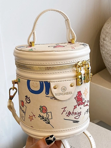 Bolso Bombonera Cilíndrico de Cuero PU para Mujer con Estampado de Graffiti Patrón de Letras Fighting Bolso de Hombro Cruzado