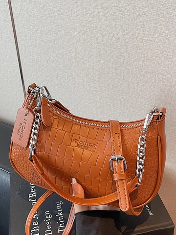 Mode Krokodilmuster PU Leder Unterarmtasche Trendy Silberkette Umhängetasche Urban Minimalistisch Hobo Bag Baguette Bag