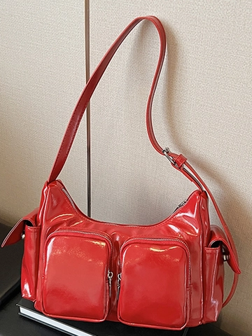 Sac à Épaule Tendance en Cuir PU à Poches Multiples pour Femmes Sac Bandoulière Brillant Style Utilitaire Chic