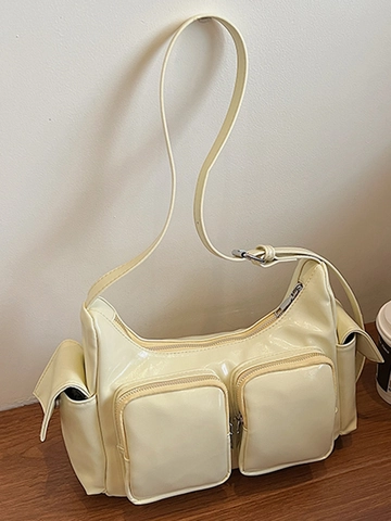 Sac à Épaule Tendance en Cuir PU à Poches Multiples pour Femmes Sac Bandoulière Brillant Style Utilitaire Chic
