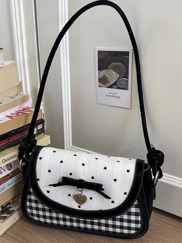 Borsa a Spalla da Donna Dolce Stampa a Cuore Gingham in Pelle PU Fiocco Crossbody Piccola Borsa Quadrata Baguette per Casual