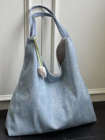 Grote Capaciteit Denim Look Canvas Shopper Voor Dames Casual Sterrenpatroon Schoudertas Met Bloemenhanger Koreaanse Mode Handtas