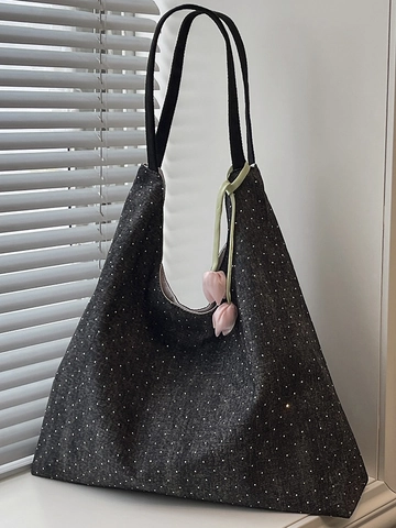 Grote Capaciteit Denim Look Canvas Shopper Voor Dames Casual Sterrenpatroon Schoudertas Met Bloemenhanger Koreaanse Mode Handtas