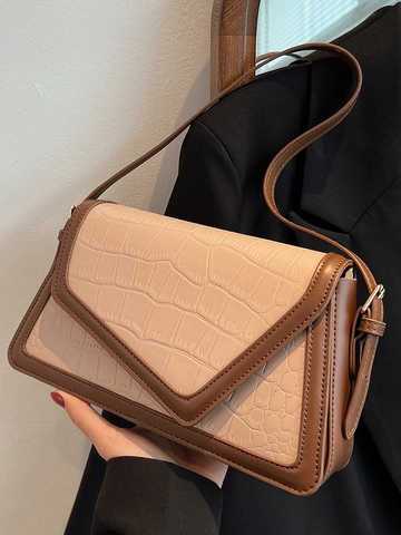 Summer New Crocodile Pattern Underarm Bag For Women Vintage Color Contrast Shoulder Bag Minimalist PU Leather Crossbody Handbag