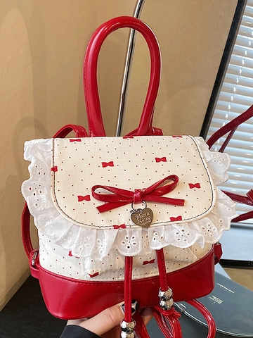 Mini Sac à Dos Sweet Lolita pour Femmes en Cuir PU à Pois avec Nœud Papillon et Bordure en Dentelle Volants Sac à Main à la Mode