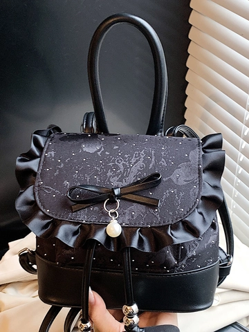 Mini Sac à Dos Sweet Lolita pour Femmes en Cuir PU à Pois avec Nœud Papillon et Bordure en Dentelle Volants Sac à Main à la Mode