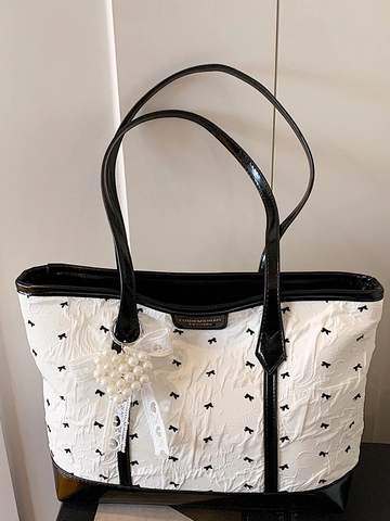 Borsa Tote Rosa Moda Coreana Donna Grande Capacità in Pelle PU Borsa a Tracolla Con Stampa a Fiocco Ciondolo a Cuore di Perla