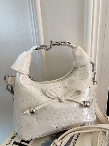 Fashion Women Dumpling Bag PU Leather Bowknot Pleated Shoulder Bag Casual Underarm Crossbody Purse With Silver Studs