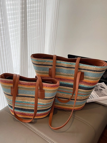 Bolso Tote de Paja Tejida de Verano Bolso de Hombro de Patchwork a Rayas Multicolor para Mujer Vacaciones en la Playa Gran Capacidad