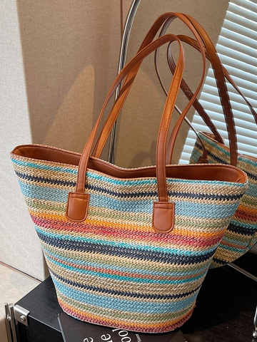 Bolso Tote de Paja Tejida de Verano Bolso de Hombro de Patchwork a Rayas Multicolor para Mujer Vacaciones en la Playa Gran Capacidad