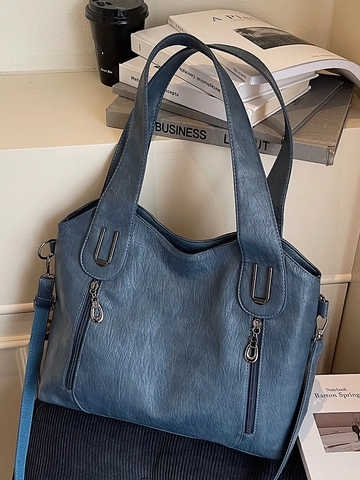 Fashion Large Capacity Women PU Leather Tote Bag Stylish Solid Color Shoulder Bag With Multiple Zipper Pockets Casual Bag