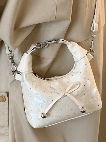 Fashion Women Dumpling Bag PU Leather Bowknot Pleated Shoulder Bag Casual Underarm Crossbody Purse With Silver Studs