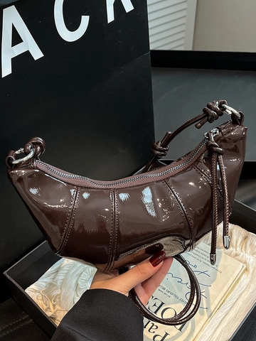 Borsa a Spalla Croissant in Pelle PU Lucida Vintage per Donna Moda Borsa a Tracolla Mezzaluna Con Tracolla Annodata Design Patchwork