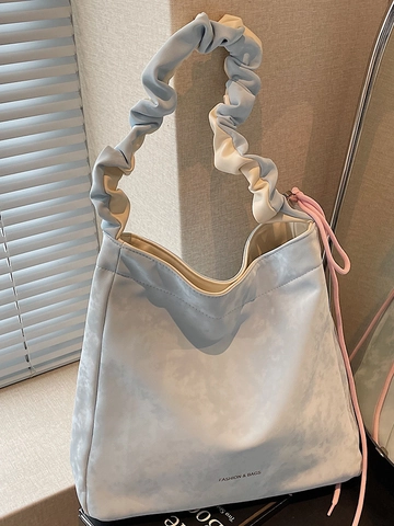 Damen Mode Falten Schultergurt Tote Bag Marmor Druck Große Kapazität Schultertasche Casual Flanell Handtasche Mit Kordelzug