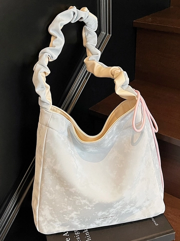 Damen Mode Falten Schultergurt Tote Bag Marmor Druck Große Kapazität Schultertasche Casual Flanell Handtasche Mit Kordelzug