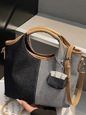 Dames Casual Denim Splicing Bucket Bag Patchwork Crossbody Schoudertas Met Mini Charm Handtas Fashion Tote Travel Purse