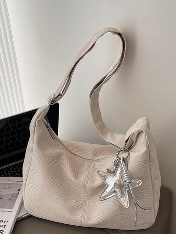 Bolso Hobo de Lona Minimalista Urbano para Mujer Color Sólido Gran Capacidad Bolso de Hombro Con Colgante de Estrella Bolso Diario Versátil