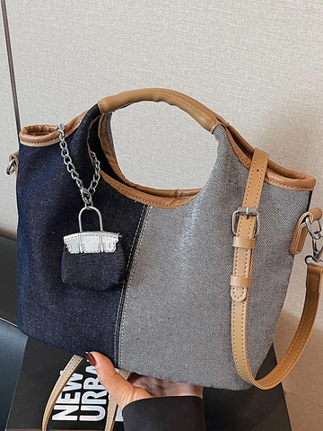 Dames Casual Denim Splicing Bucket Bag Patchwork Crossbody Schoudertas Met Mini Charm Handtas Fashion Tote Travel Purse