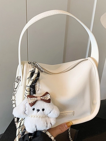 Borsa a Spalla da Donna in Pelle PU Piccola Borsa a Tracolla Quadrata Con Catena in Metallo e Ciondolo in Peluche
