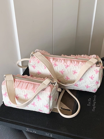 Borsa a Cilindro con Stampa a Fiocco Dolce in Stile Coreano per Donna Borsa a Tracolla a Cilindro Versatile Casual Quotidiana