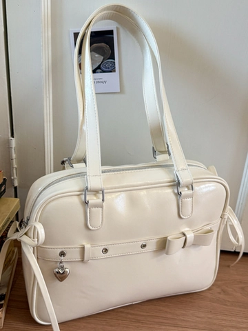 Sac à Épaule en Cuir PU Style Académie Vintage pour Femmes Grande Capacité Pendentif Coeur Décor de Noeud Sac à Main Uniforme JK