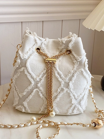 Sac Seau Mode en Tissu à Bord Effiloché Femme Minimaliste Urbain Motif Losange Décoration Perles Chaîne Dorée Sac à Bandoulière