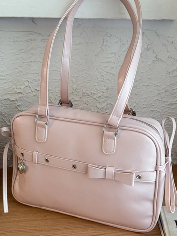 Sac à Épaule en Cuir PU Style Académie Vintage pour Femmes Grande Capacité Pendentif Coeur Décor de Noeud Sac à Main Uniforme JK
