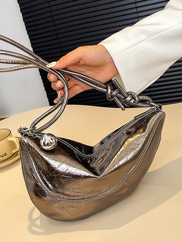 Women's Crinkled PU Leather Half Moon Shoulder Bag Stylish Metal Ball Decor Underarm Bag Minimalist Solid Color Crossbody Bag