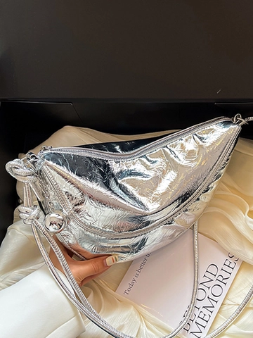 Women's Crinkled PU Leather Half Moon Shoulder Bag Stylish Metal Ball Decor Underarm Bag Minimalist Solid Color Crossbody Bag