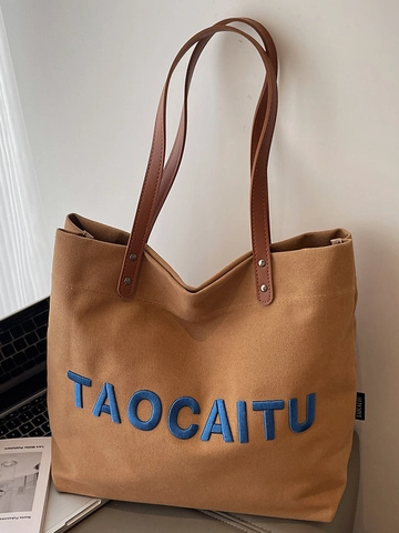 Women Large Capacity Canvas Tote Bag Embroidered Letter Casual Shoulder Bag Leather Handle Rivet Handbag Work School Travel