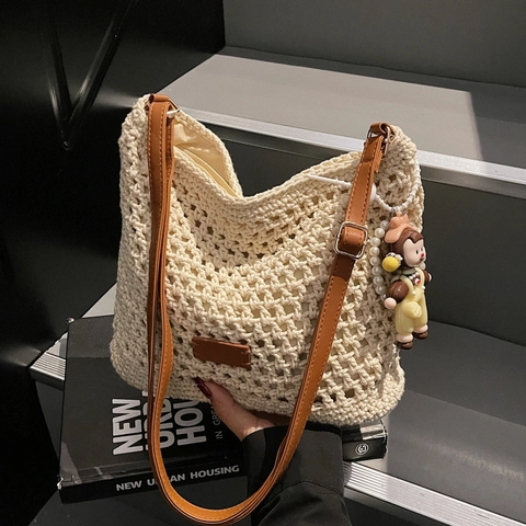 Dames Zomer Geweven Opengewerkt Schoudertas Katoen Gebreid Tote Strand Vakantie Handgemaakte Hobo Tas Shopping Bag