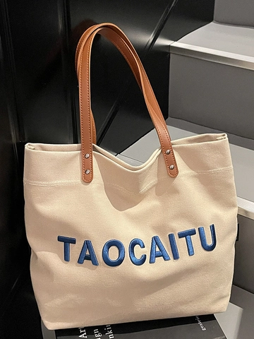 Women Large Capacity Canvas Tote Bag Embroidered Letter Casual Shoulder Bag Leather Handle Rivet Handbag Work School Travel