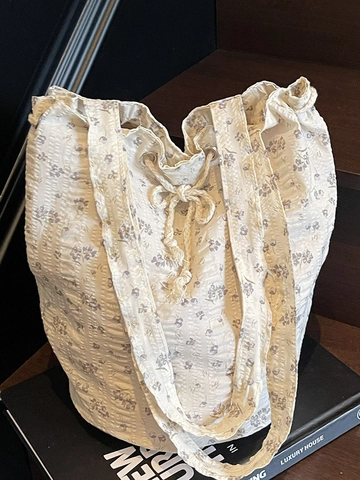 Damen Koreanisch Minimalistisch Blumen Canvas Shopper Lässig Große Kapazität Umhängetasche Mit Kordelzug Verschluss