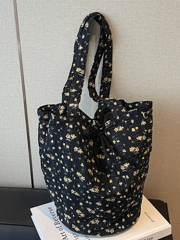 Damen Koreanisch Minimalistisch Blumen Canvas Shopper Lässig Große Kapazität Umhängetasche Mit Kordelzug Verschluss
