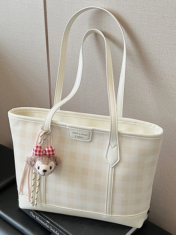 Borsa Tote da Donna alla Moda a Quadretti in Pelle PU a Tracolla Sottobraccio Grande Capacità con Ciondolo Orsetto di Peluche