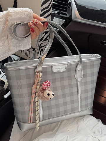 Borsa Tote da Donna alla Moda a Quadretti in Pelle PU a Tracolla Sottobraccio Grande Capacità con Ciondolo Orsetto di Peluche